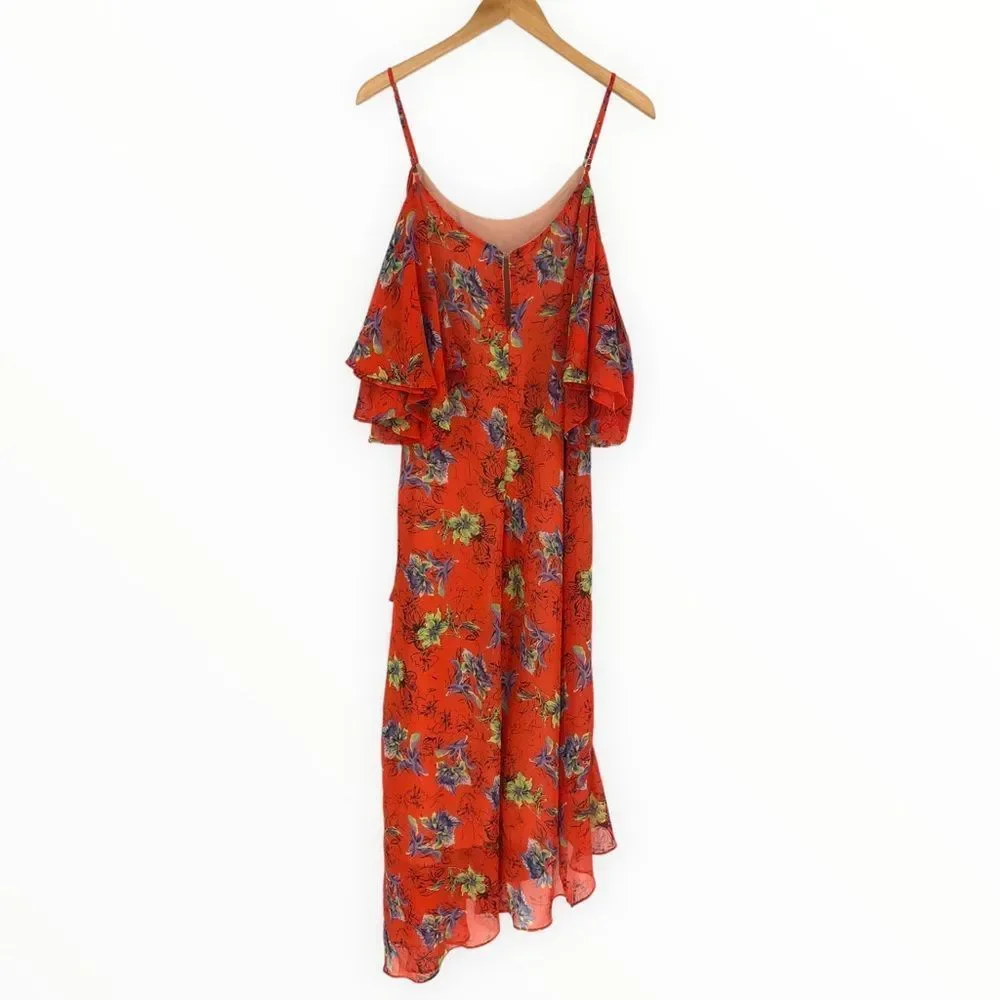 Adelyn Rae Orange Floral Off Shoulder Ruffle Asymmetrical Hem Dress size XS - Picture 10 of 13